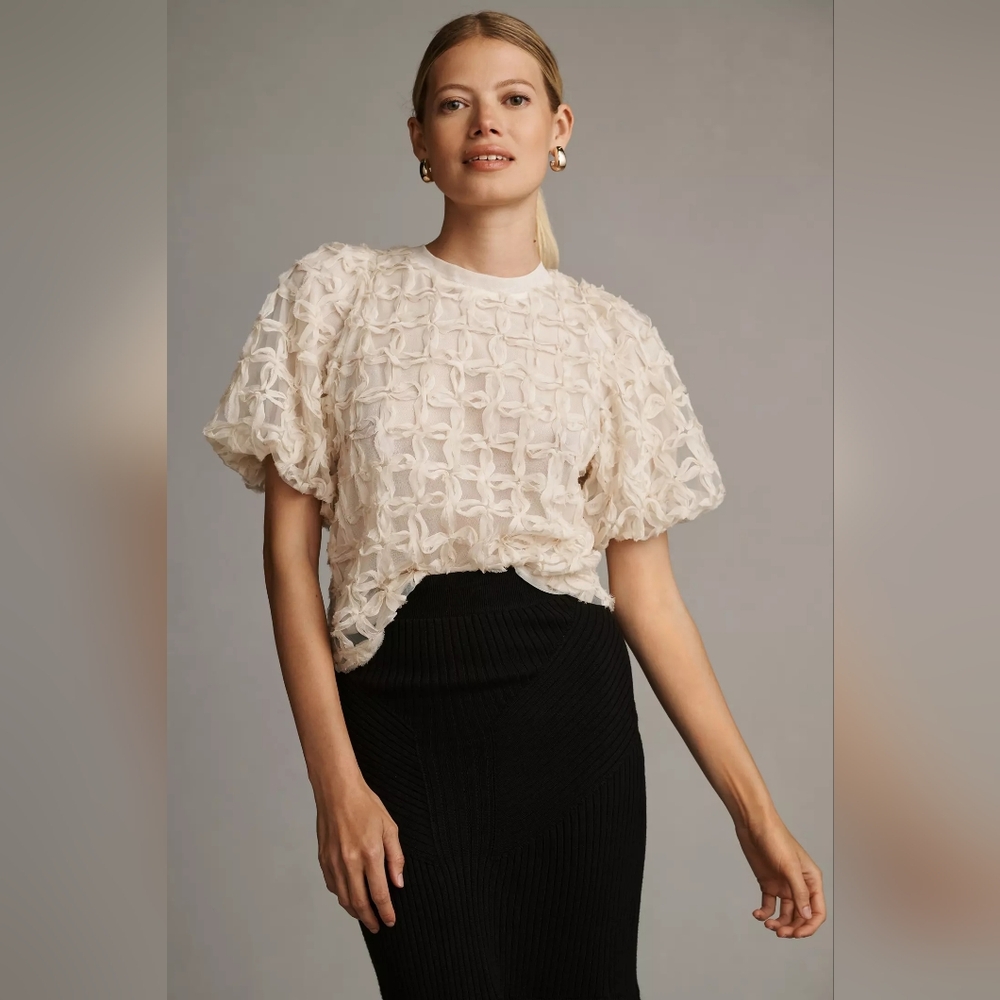 Anthro Sarah Hann Cream Tulle Karla Textured Puff Sleeve Top, S - Picture 5 of 12